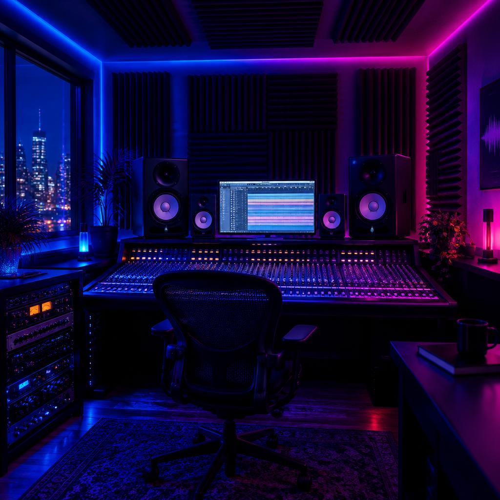Neon-lit recording studio and mixing console